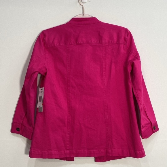 Denim Jacket Open front faux buttons pockets Collarless Fuchsa Women's XS - Picture 7 of 11